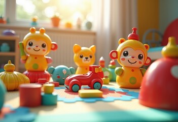 Obraz premium colorful toys scattered play mat fun exploration learning playtime imagination creativity, children, block, puzzle, animal, doll, ball, vehicle, figure, art