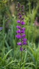 Obraz premium A vibrant purple flower blossoms on a slender green stem in a lush garden , beautiful, detail, wildlife