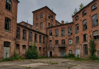 Fototapeta premium A courtyard view of an old abandoned brick factory with broken windows and overgrown vegetation around it