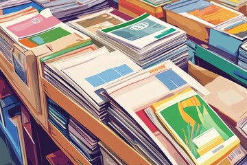 Stacks of assorted paper documents and brochures in cardboard boxes.