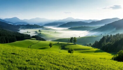 Obraz premium Paisaje de valle brumoso con campo verde y montañas brumosas; hermoso fondo de pantalla matutino; fondo pintoresco inspirador para pancartas o postales, espacio de copia, diseño de lugar, inspiración