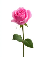Pink rose with stem and leaves isolated on white background