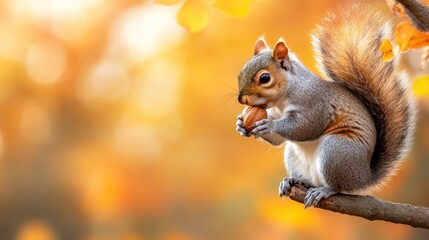 A delightful squirrel clenching a nut while resting on a tree branch, set against a luminescent background of autumn colors, embodying the spirit of the changing seasons.