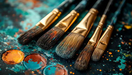 Closeup of Paintbrushes on a Colorful Palette