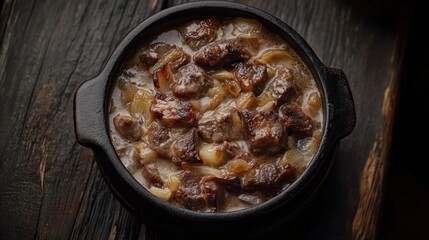 Beef stew in a rustic pot on wooden table.