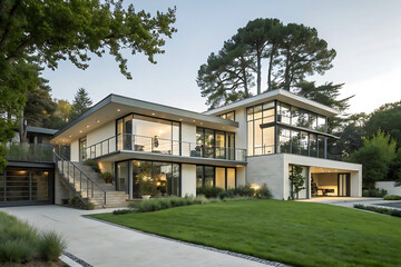 Fototapeta premium Modern Colonial Style House with Garage and Landscaped Front Yard