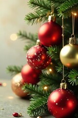 Fototapeta premium Set of vibrant red, gold, and green glass Christmas ornaments , closeup, reflection, decor