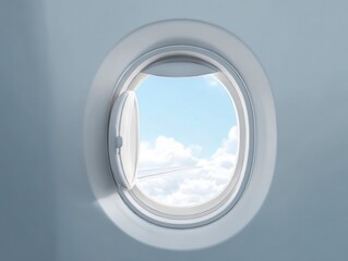 Aircraft window. Realistic airplane porthole with open shade, plane cabin interior. Mockup illuminator of white plastic and clear plexiglass