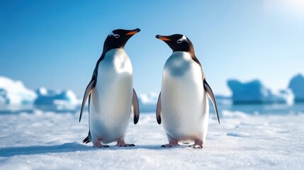 Two charming penguins stand close together on a bright icy landscape, embodying the beauty of nature's cold regions and showcasing their captivating features and colors.