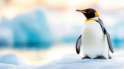 Fototapeta premium A stunning Emperor penguin stands majestically against the icy backdrop, showcasing its striking features and vibrant colors, a symbol of resilience and beauty in nature.