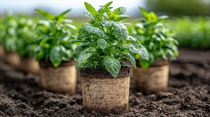 Young Mint Plants in Pots with Farm Field.