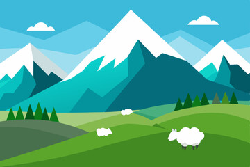 rolling alpine pastures with grazing sheep and sno.svg