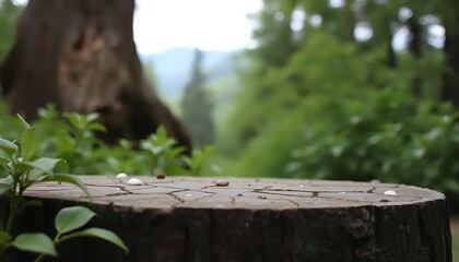 Naklejka premium Rustic tree stump surface with forest vista offering woodland tranquility