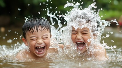 Two joyful boys laughing and splashing water in a natural setting, expressing pure happiness and the carefree spirit of childhood during sunny days filled with fun.