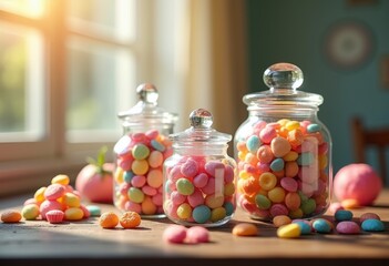 colorful candy sweets vintage glass jars delightful confectionery assortment sugar treats joyful nostalgia, gummy, chocolate, lozenges, decor, dessert, pastel