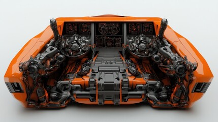 Futuristic Orange Mech Vehicle Cockpit: A 3D Render of a Cyberpunk-Style Machine