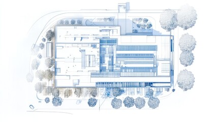 Aerial view of a building's blueprint with surrounding trees and landscaping.
