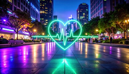 Heart with Heartbeat Neon Sign at Night Cityscape