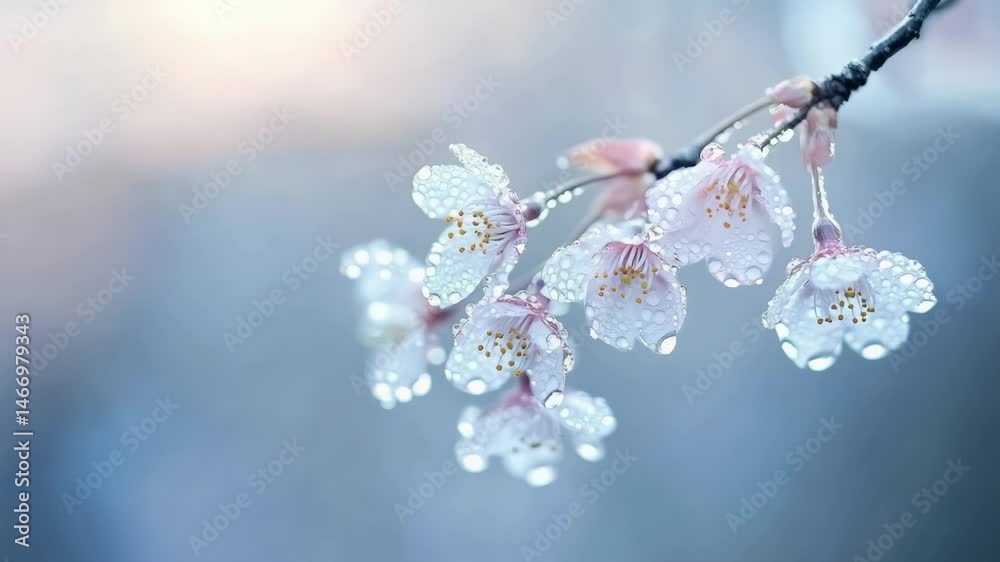 Poster sparkling water drops clinging to delicate cherry blossoms create a mesmerizing scene of springtime 
