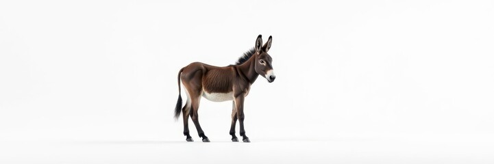 Obraz premium A lone donkey stands, facing forward, against a pure white backdrop , white background, zoology, farm animal