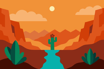 secluded desert canyon with cactus blooming after  