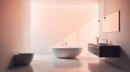  Smooth gradient transitions and dramatic cinematic style characterize a modern flat design bathroom; simple two-dimensional shapes, film-like composition and lighting, and seamless color blending are