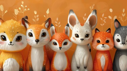 Fototapeta premium Adorable anthropomorphic animal characters in warm orange and brown tones, cartoon design with friendly group composition.