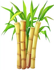 Obraz premium Cluster of light-yellow-brown bamboo stalks with vibrant green leaves. Detailed illustration of a tropical plant