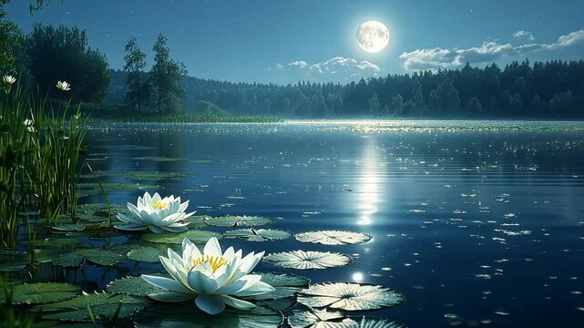 Peaceful moonlight water lily lake scene