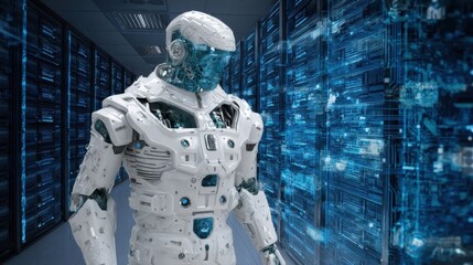 Futuristic robot in a server room, surrounded by digital data.