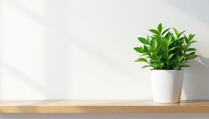 Fototapeta premium Single potted plant on wooden shelf, white wall, white, calm