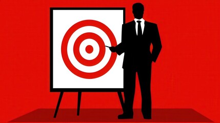 Silhouette of a business person presenting a target on a white board.