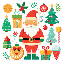 A festive collection of Christmas-themed illustrations, including Santa, ornaments, trees, and gifts