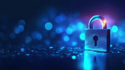 Glowing padlock on dark blue background.