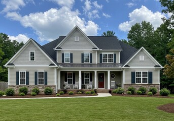 View of a two story house with gray siding black shutters and a green lawn on a sunny day with clouds