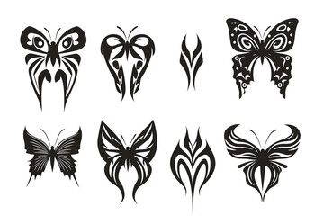 Fototapeta premium Collection of stylish black butterfly vector designs in various artistic and decorative styles