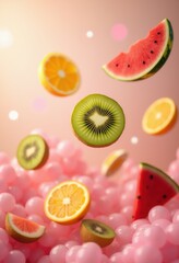 colorful floating sliced fruits mid air artistry vibrant whimsical backdrop, rainbow, lgbtq, lgbt, pride, love, equality, apple, banana, kiwi, grapefruit