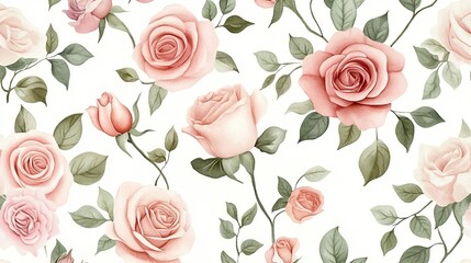 Seamless pattern with pink roses and green leaves on a white background, watercolor illustration in a hand-drawn style, pastel color palette, soft lighting, elegant aesthetic, wallpaper 