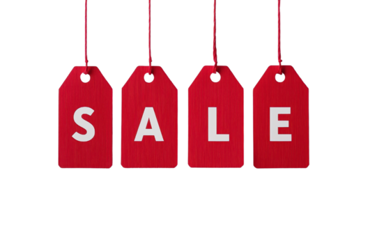 Red sale tags hanging against transparent background perfect for retail advertising