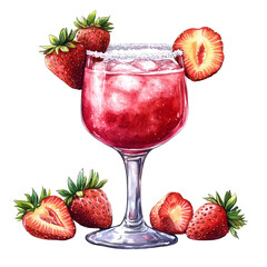 Watercolor Strawberry Daiquiri Cocktail with Fresh Strawberries and Sugar Rim