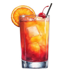 Watercolor Tequila Sunrise Cocktail with Orange Slice and Cherry in Tall Glass