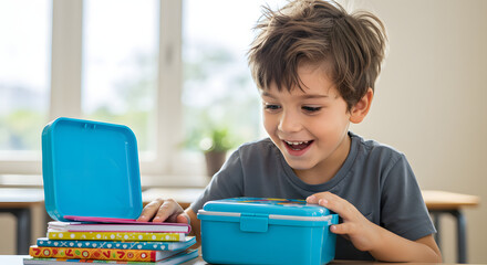 Happy school boy preparing lunch box with books for school morning routine healthy food nutrition