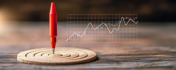 A red pencil stands upright in the center of a wooden target with a rising graph overlay, symbolizing business growth and goal achievement.