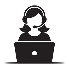 Call Center, Female Customer Service Representative Silhouette vector  girl with laptop 