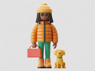 Stylized 3D Character in Yellow Puffer Jacket with Small Dog