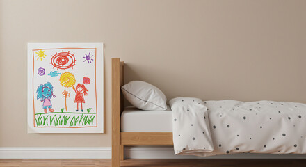Child's drawing pinned next to the bed, showcasing creativity in a cozy room