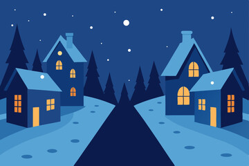 snowy village street with glowing windows and soft.svg