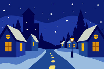 snowy village street with glowing windows 