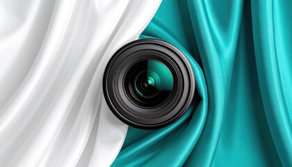 Camera Lens on White and Turquoise Draped Fabric