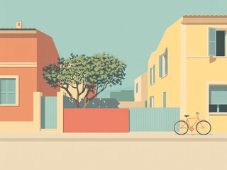 Colorful Mediterranean Street Scene with Bicycle and Yellow Building